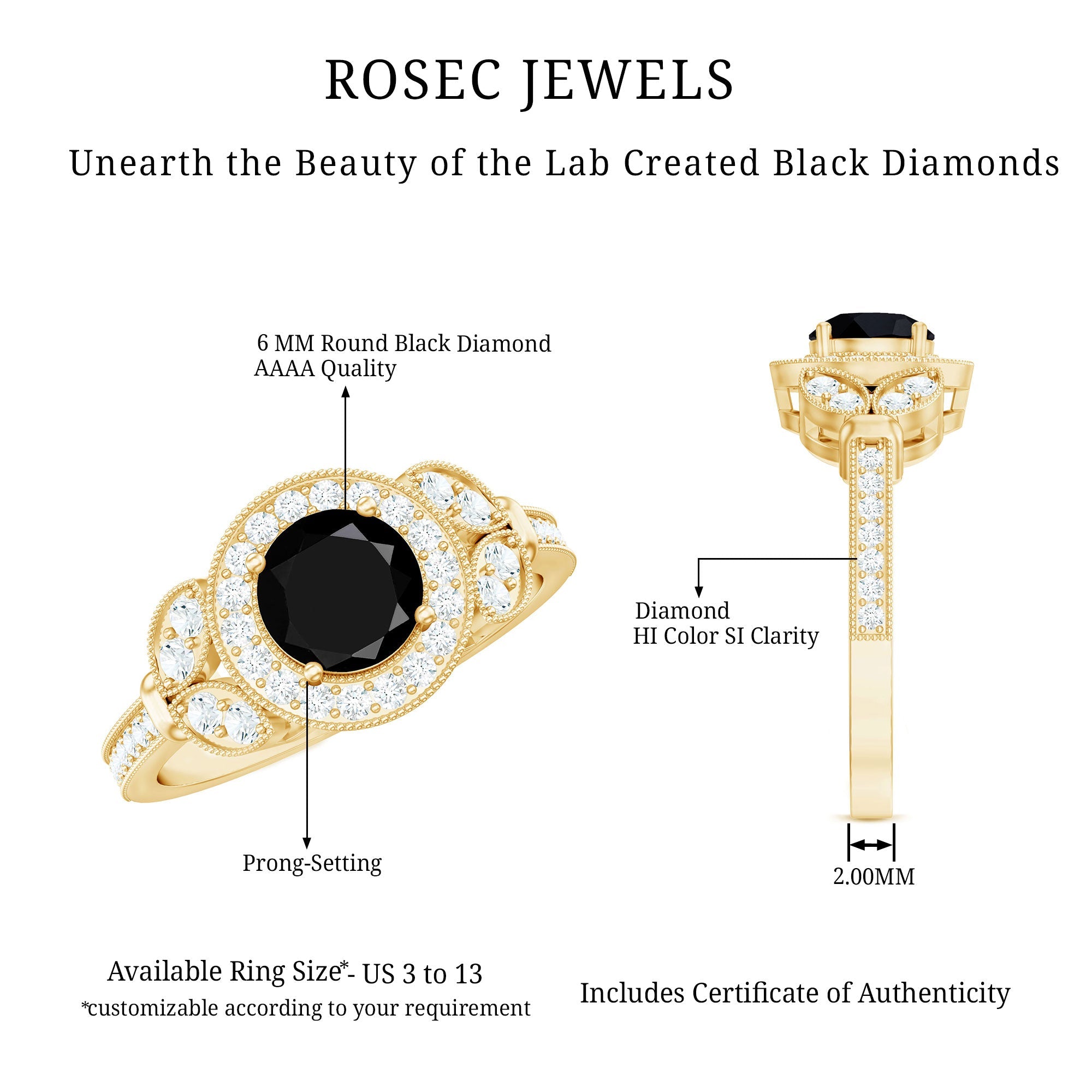 Vintage Looking 1.3 Carat Lab Grown Black Diamond Engagement Ring with White Diamond