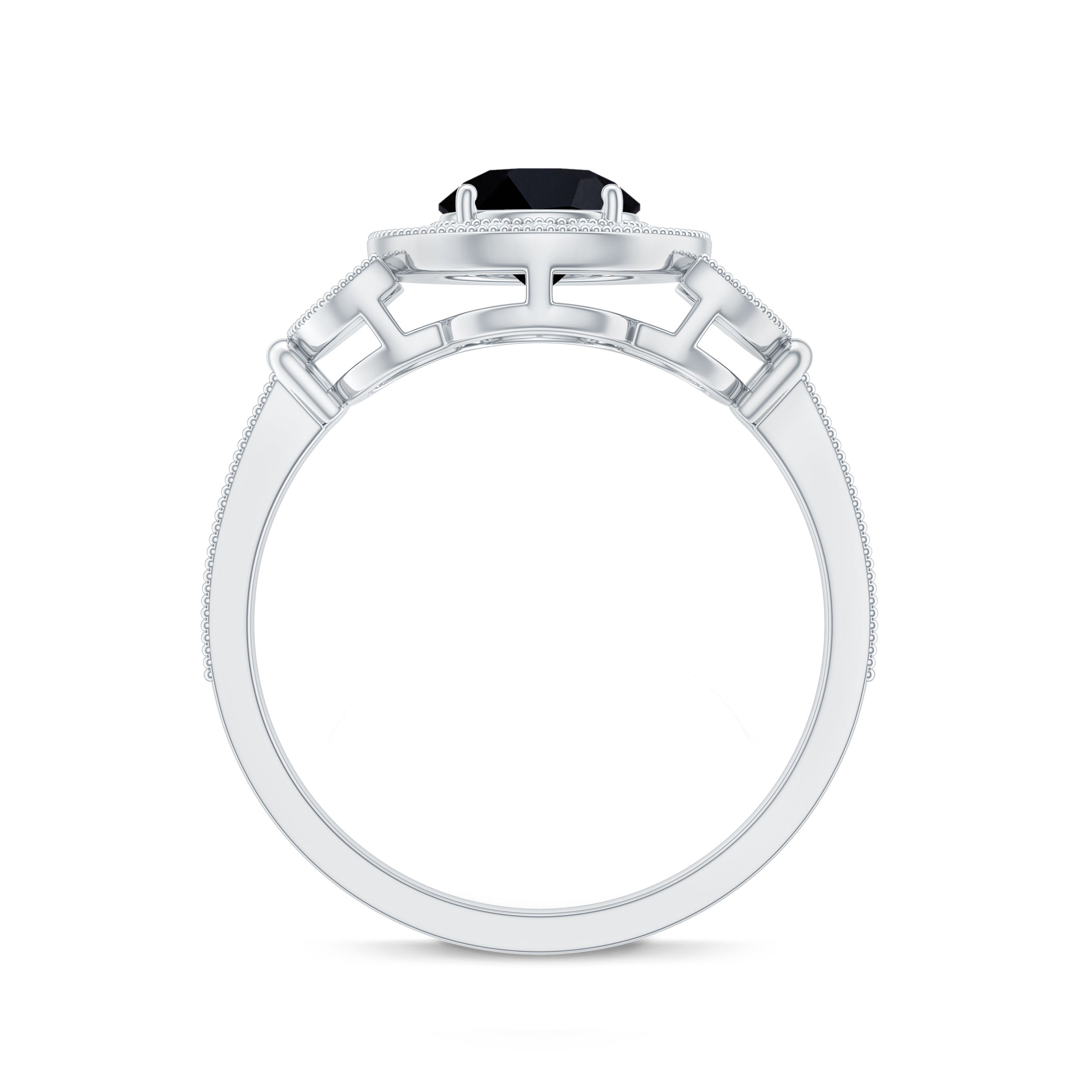 2 Carat Round Black Onyx Vintage Engagement Ring with Diamond Halo