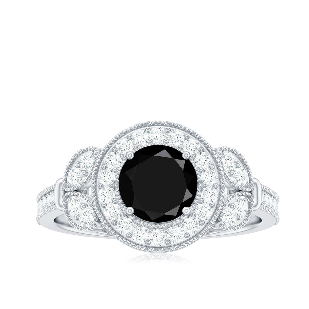 2 Carat Round Black Onyx Vintage Engagement Ring with Diamond Halo