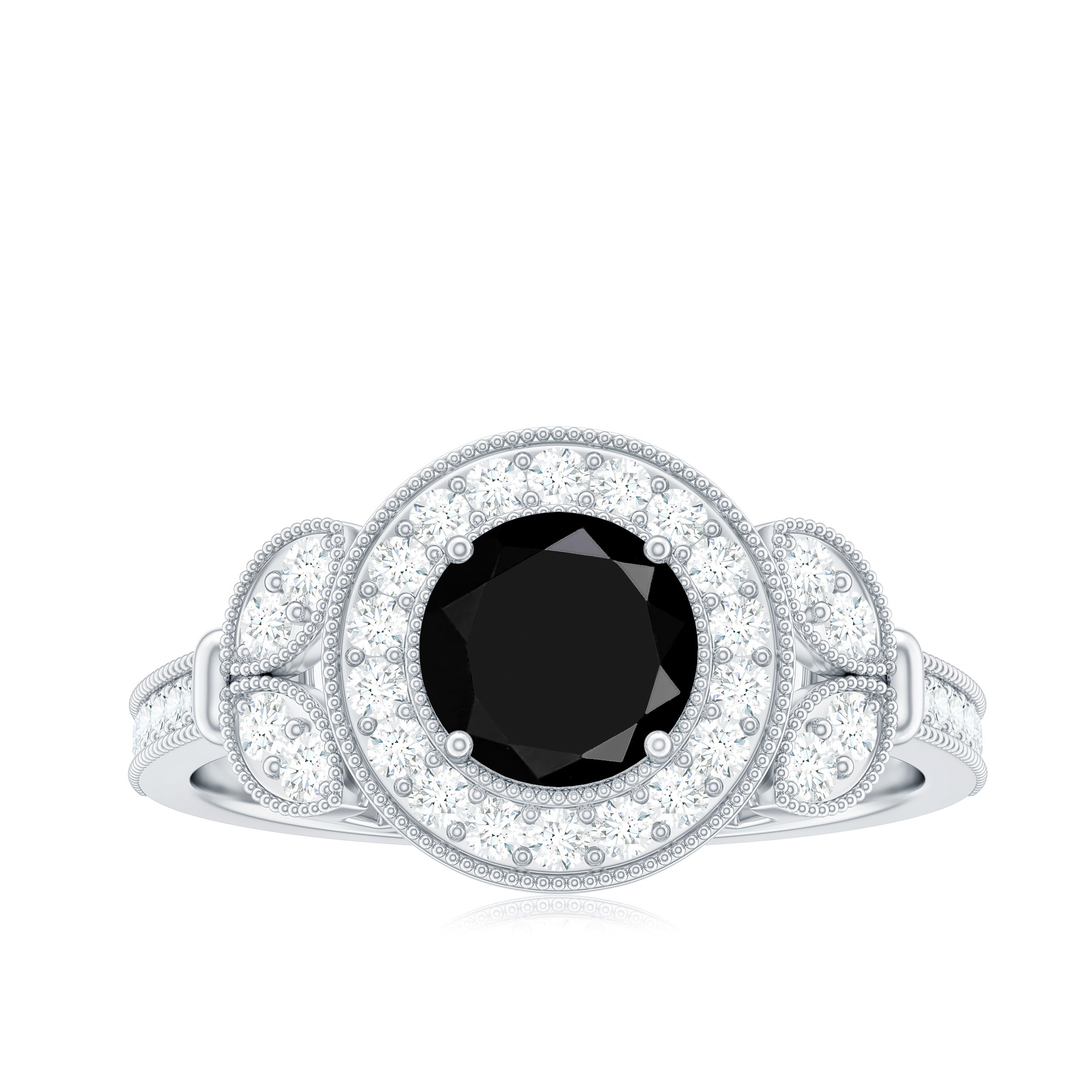 2 Carat Round Black Onyx Vintage Engagement Ring with Diamond Halo