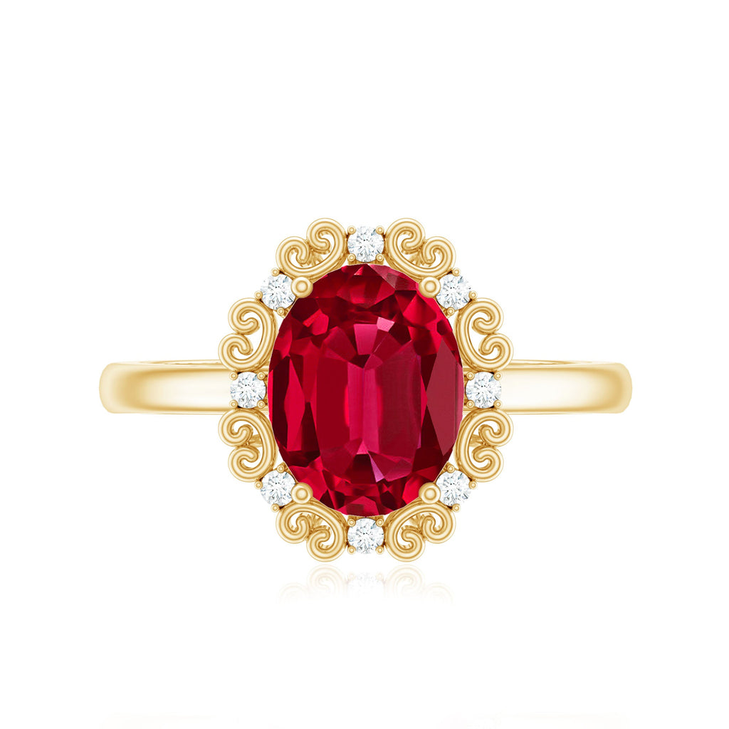 Vintage Style Oval Lab Created Ruby Engagement Ring with Diamonds