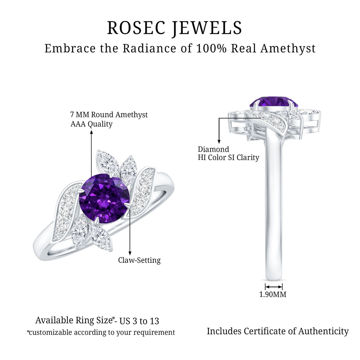 1.2 Carat Nature Inspired Amethyst Engagement Ring with Diamond