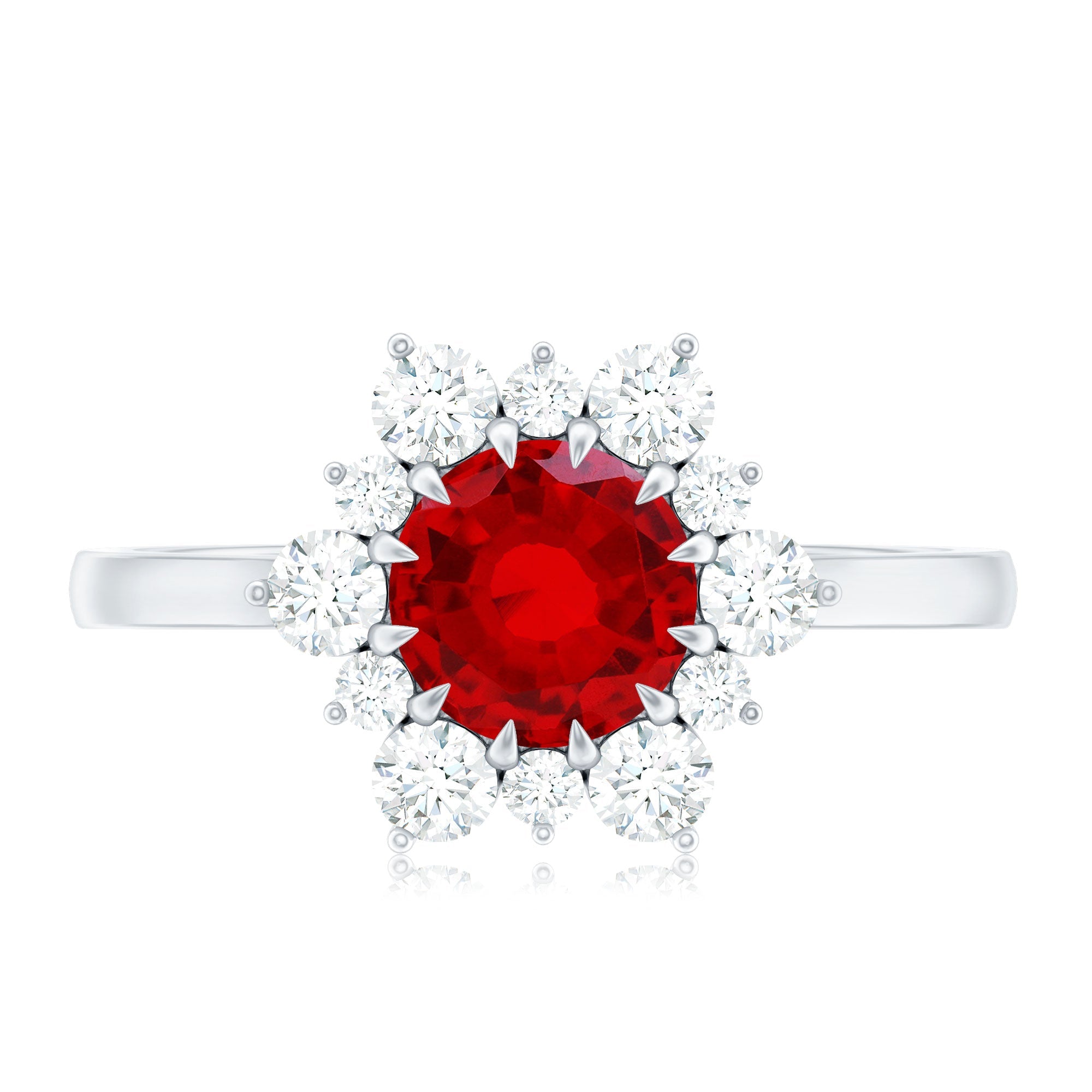 Claw Set Lab Grown Ruby and Diamond Halo Engagement Ring