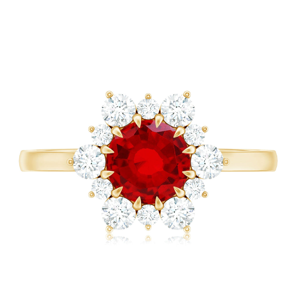 Claw Set Lab Grown Ruby and Diamond Halo Engagement Ring