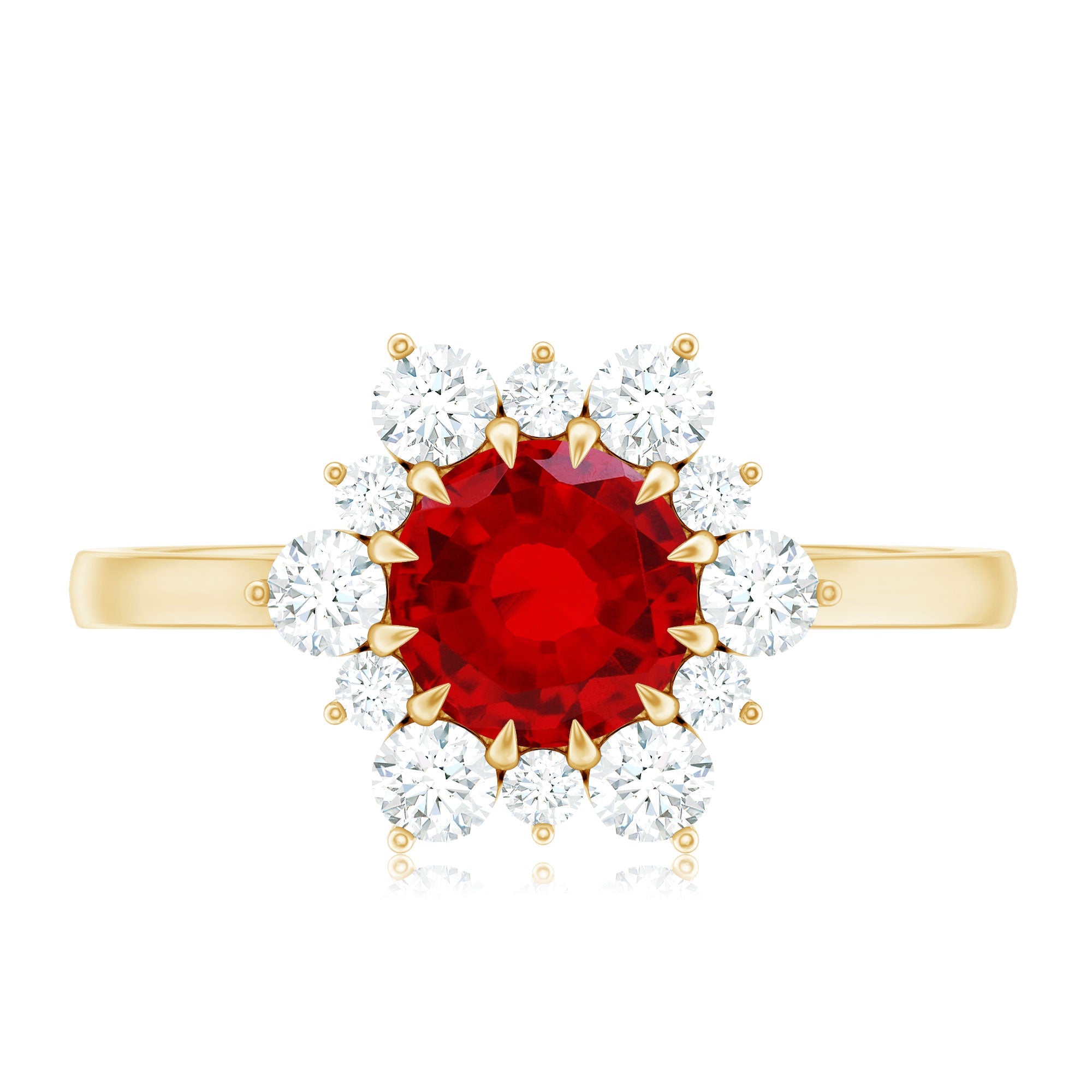 Claw Set Lab Grown Ruby and Diamond Halo Engagement Ring