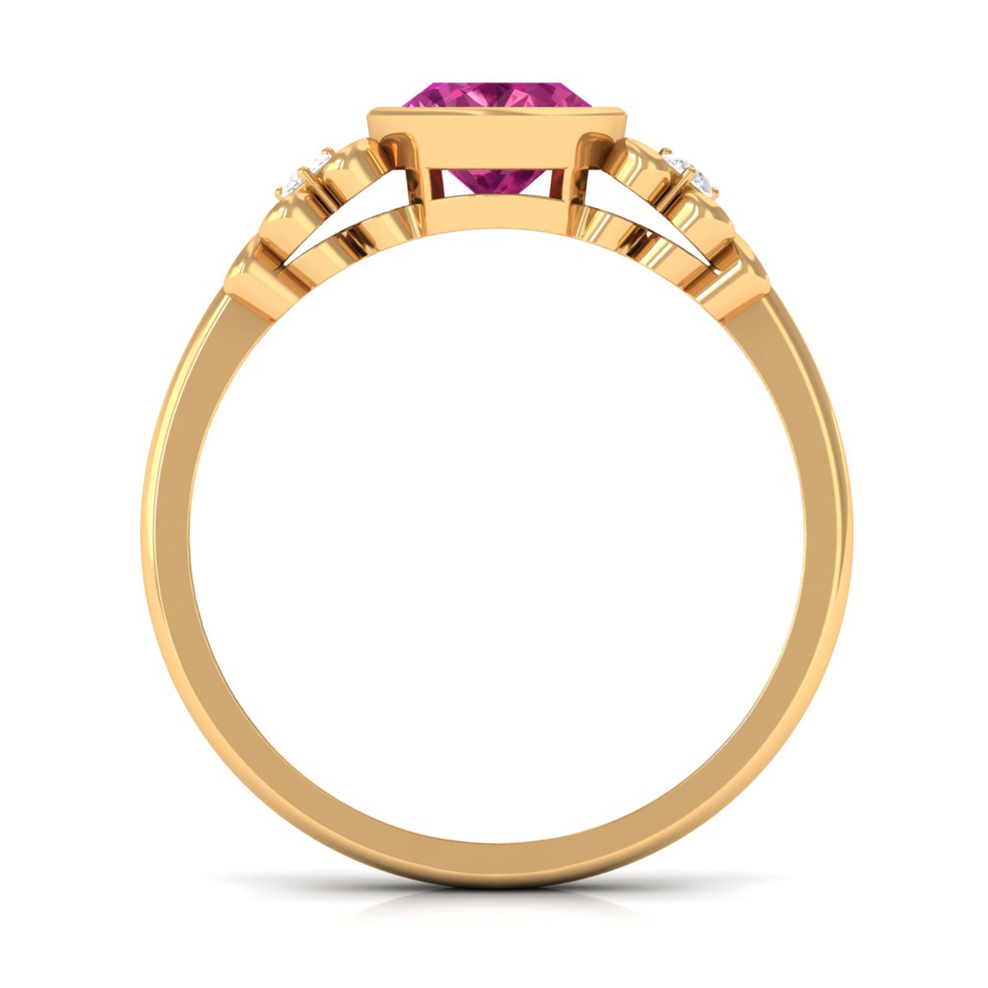 Bezel Set Oval Pink Tourmaline Statement Engagement Ring with Diamond
