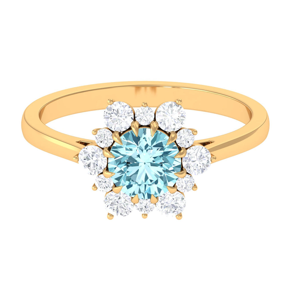 Natural 0.8 CT Aquamarine Statement Engagement Ring with Diamond Halo