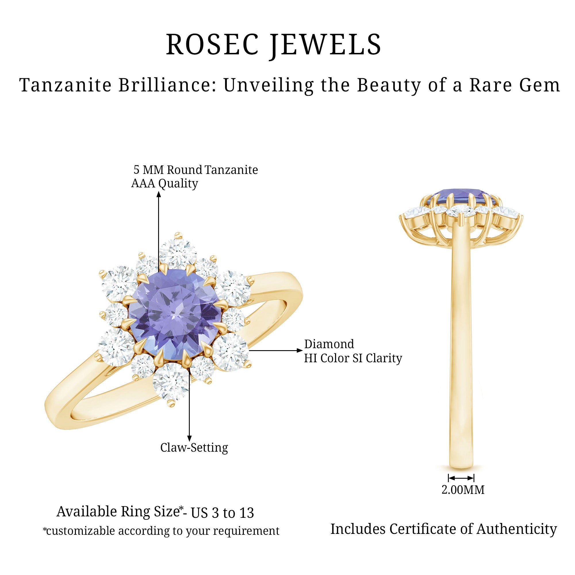 Natural Tanzanite and Diamond Engagement Ring with Claw Setting