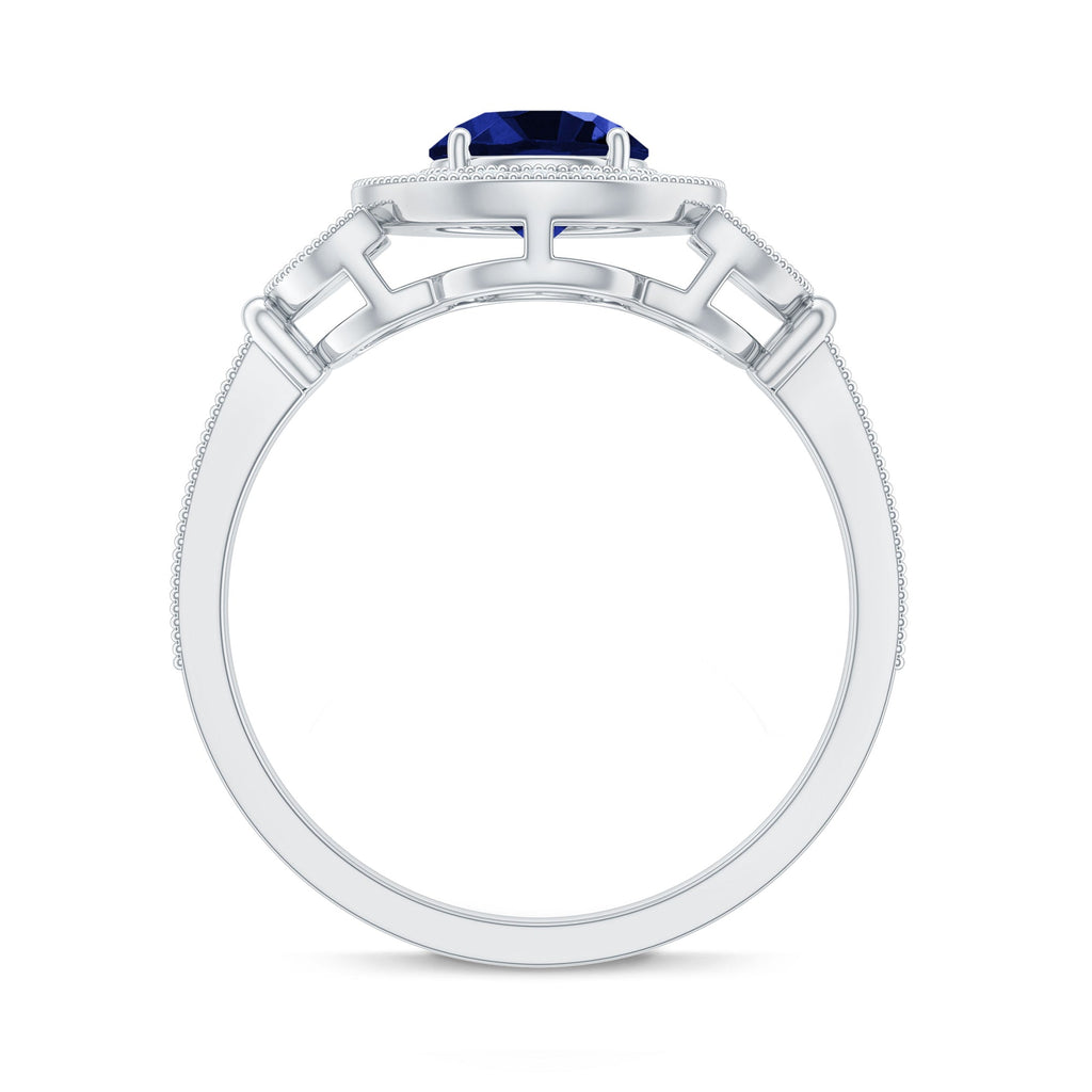1 Carat Lab Grown Blue Sapphire Engagement Ring with Diamond Floral Halo