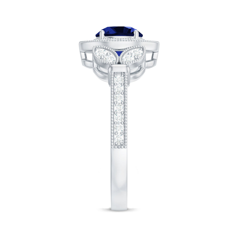 1 Carat Lab Grown Blue Sapphire Engagement Ring with Diamond Floral Halo