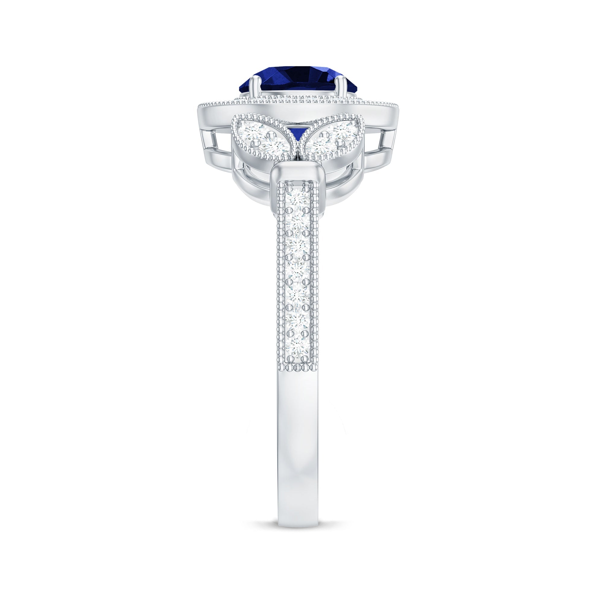 1 Carat Lab Grown Blue Sapphire Engagement Ring with Diamond Floral Halo