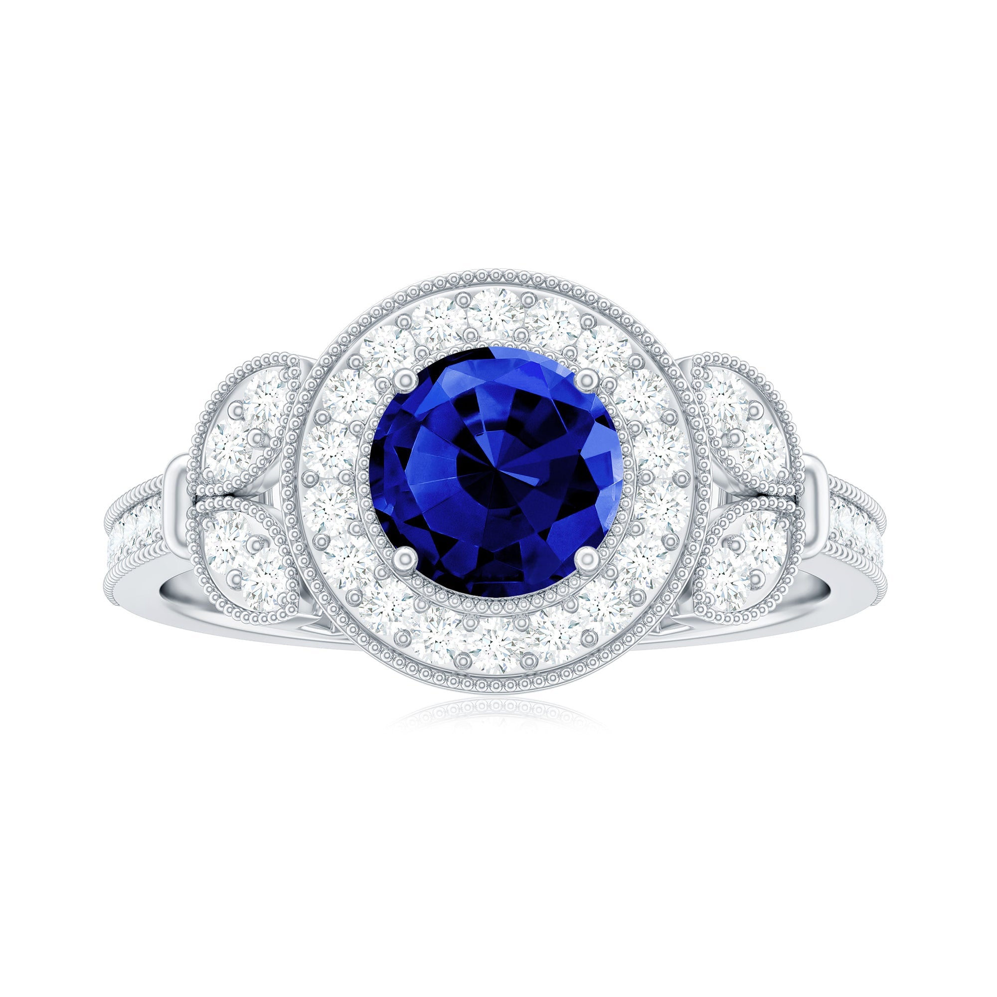 1 Carat Lab Grown Blue Sapphire Engagement Ring with Diamond Floral Halo
