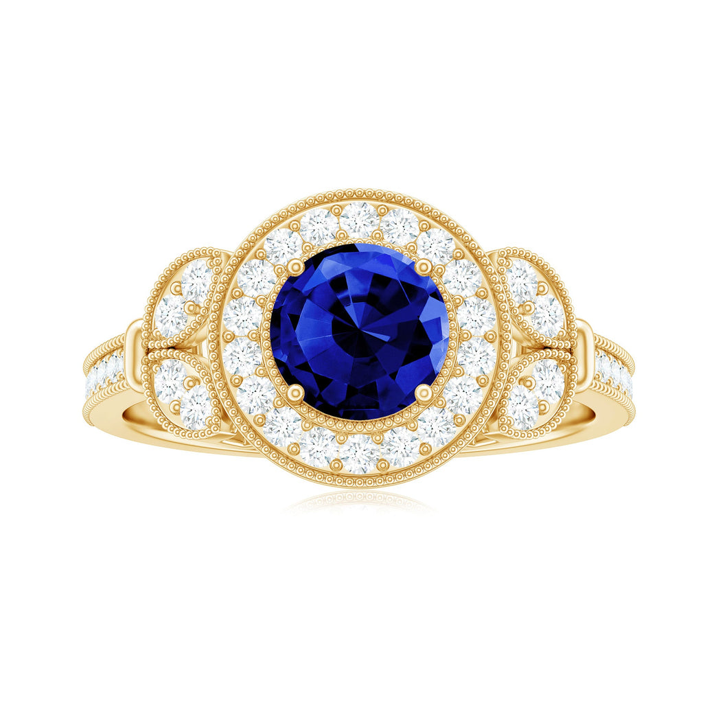 1 Carat Lab Grown Blue Sapphire Engagement Ring with Diamond Floral Halo