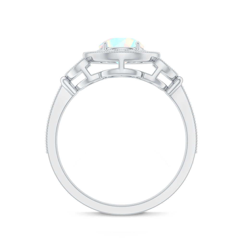 Vintage Inspired Ethiopian Rainbow Opal Engagement Ring with Diamond Halo