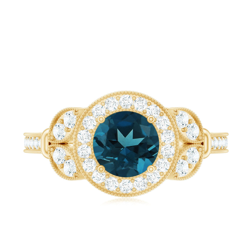 Vintage Inspired London Blue Topaz Engagement Ring with Diamond Halo