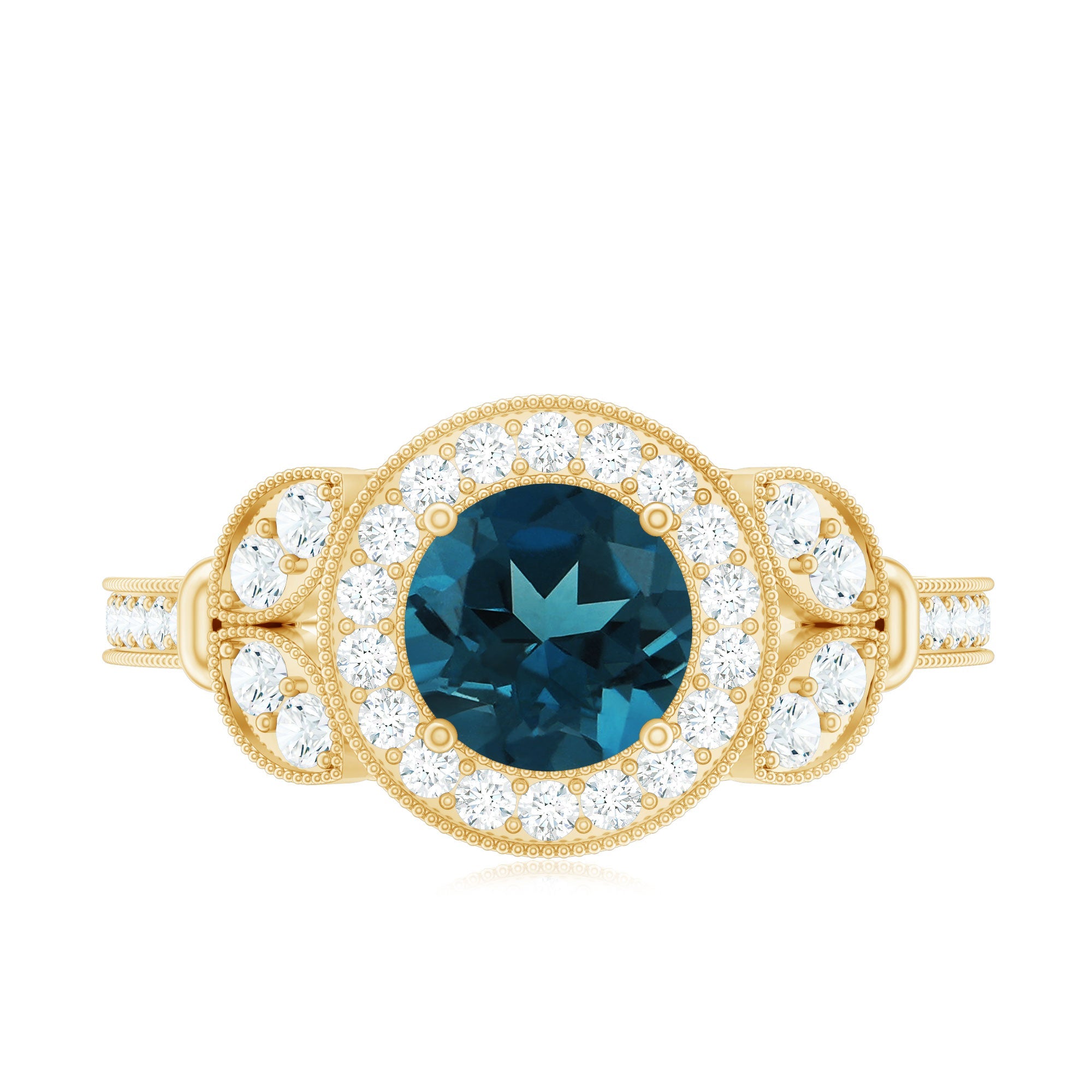 Vintage Inspired London Blue Topaz Engagement Ring with Diamond Halo