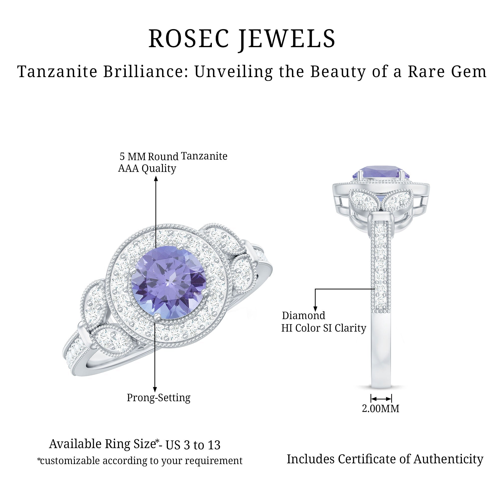 Real Tanzanite Retro Engagement Ring with Diamond Halo