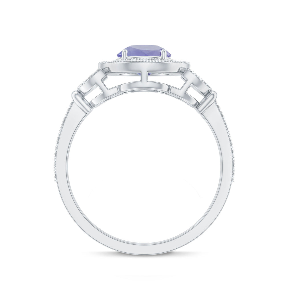 Real Tanzanite Retro Engagement Ring with Diamond Halo