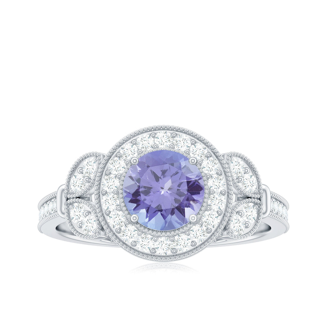 Real Tanzanite Retro Engagement Ring with Diamond Halo