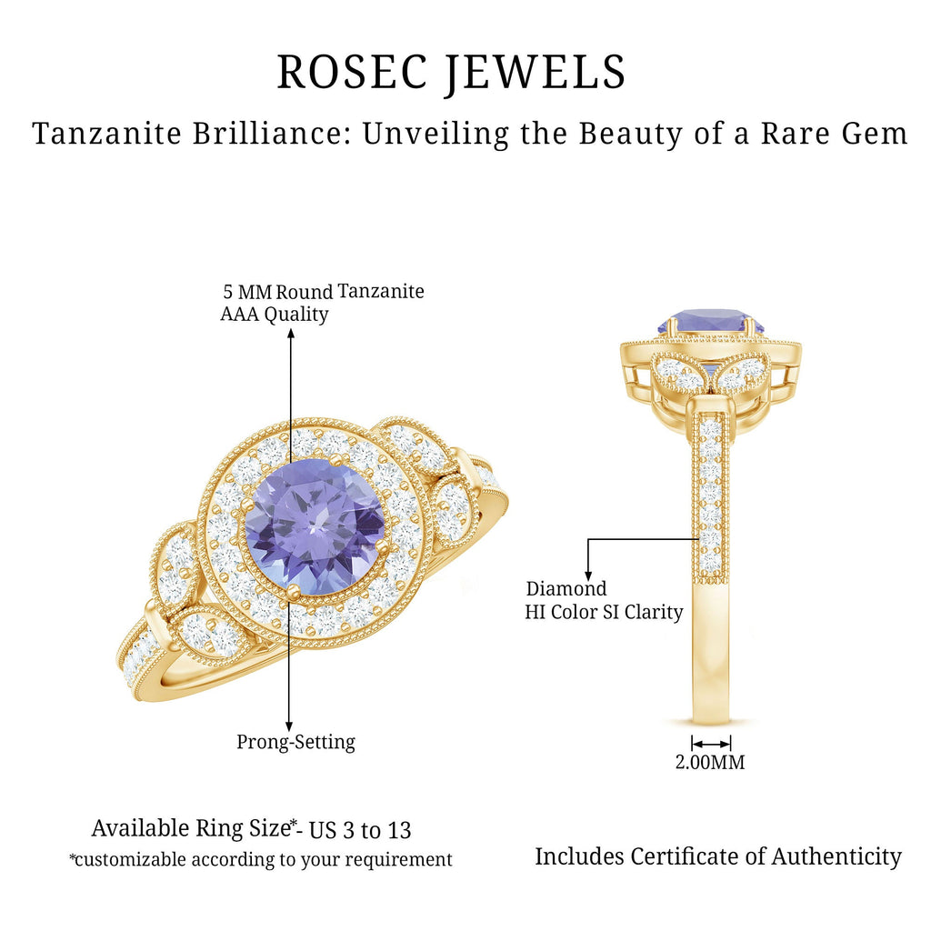 Real Tanzanite Retro Engagement Ring with Diamond Halo