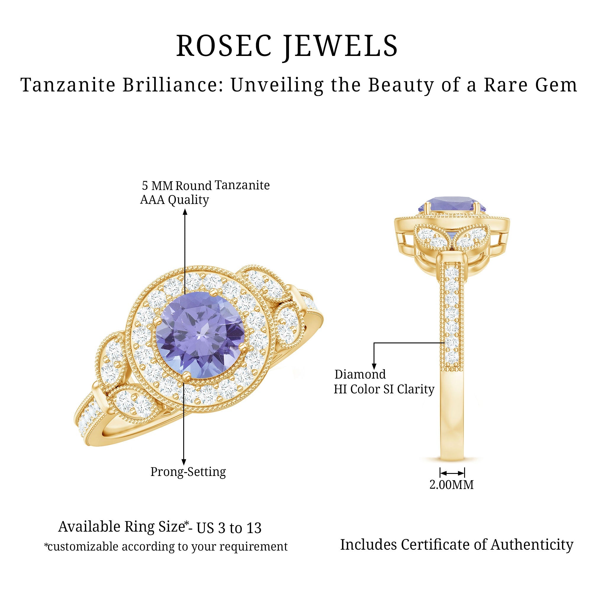 Real Tanzanite Retro Engagement Ring with Diamond Halo
