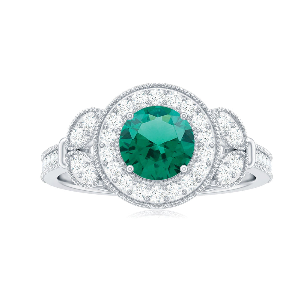 Certified Lab Grown Emerald Retro Engagement Ring with Diamond