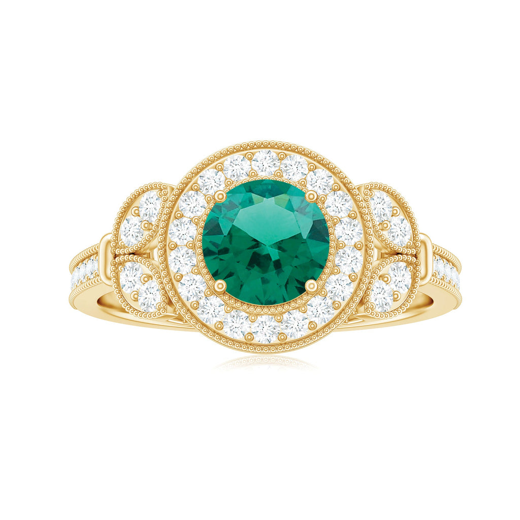 Certified Lab Grown Emerald Retro Engagement Ring with Diamond