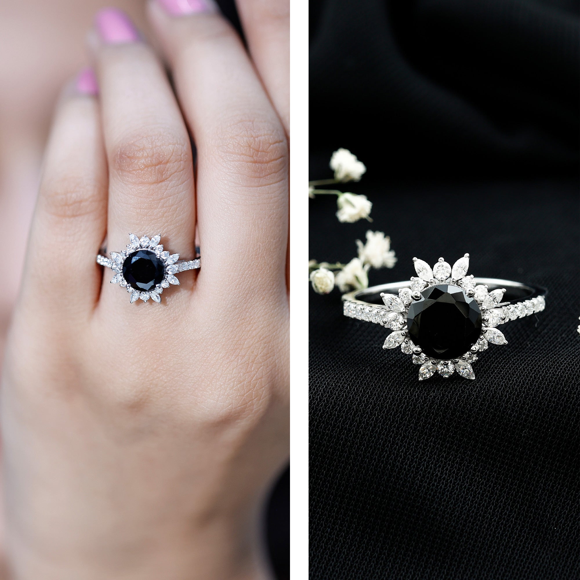 Real Black Spinel Engagement Ring with Moissanite Halo