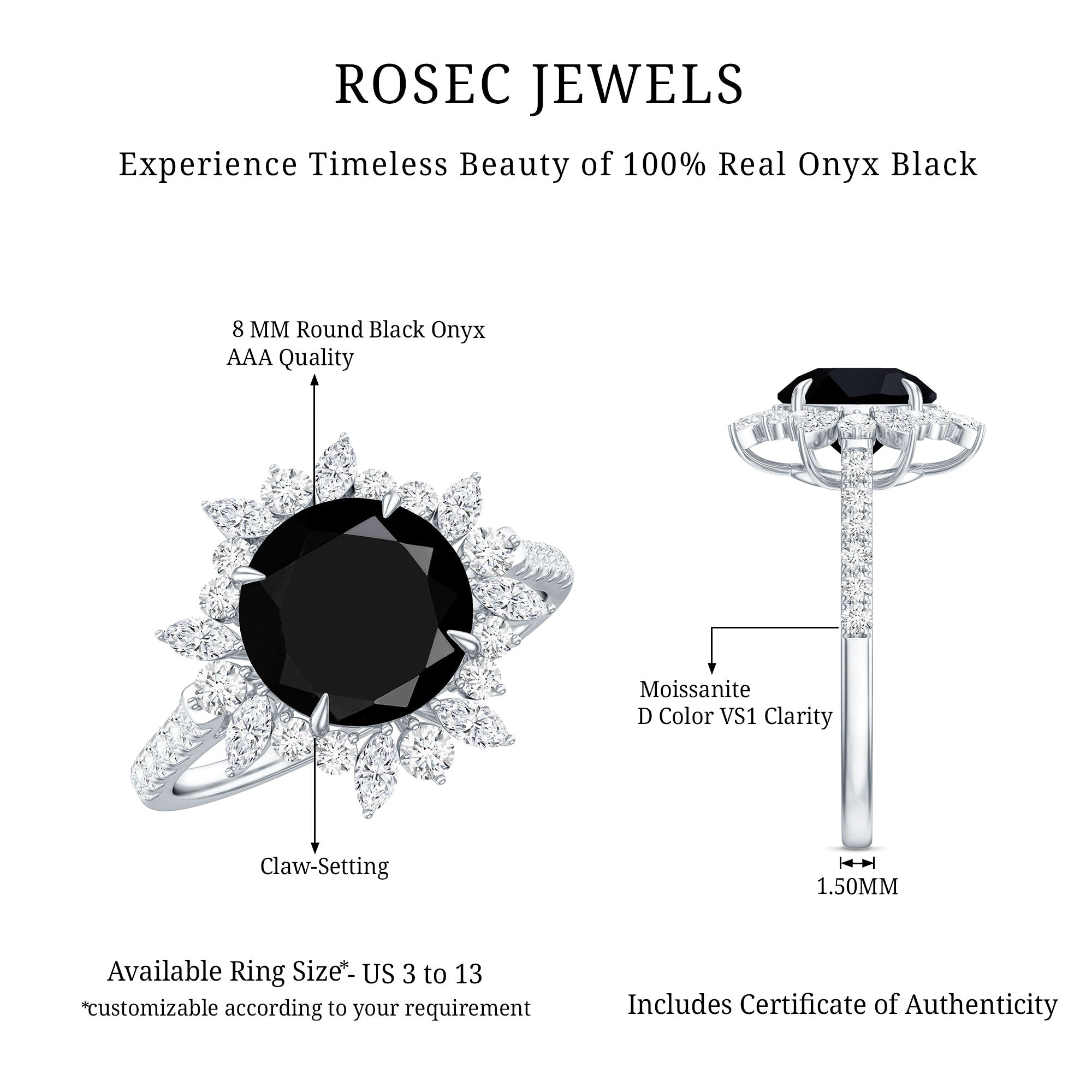 Certified Black Onyx and Moissanite Statement Engagement Ring