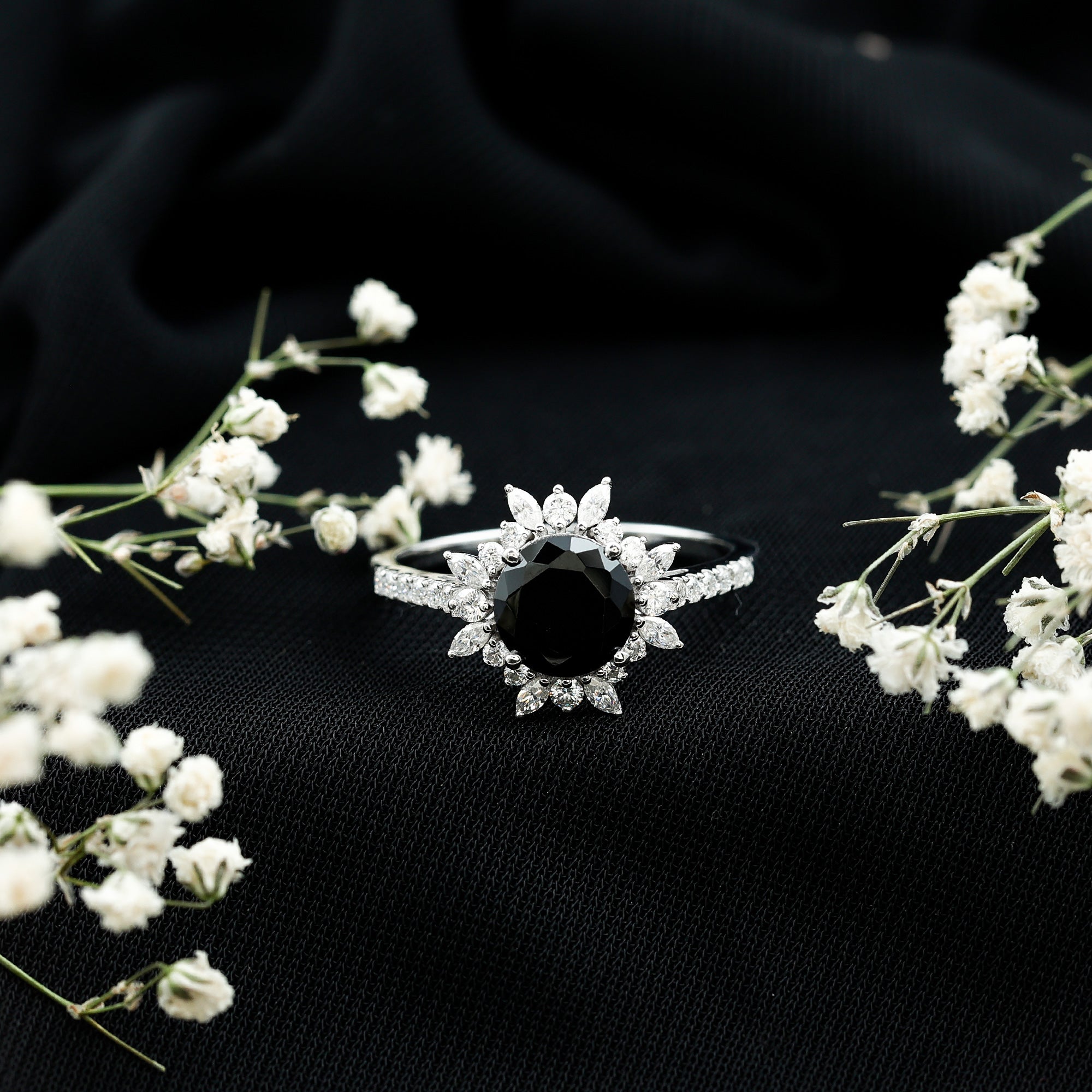 Certified Black Onyx and Moissanite Statement Engagement Ring