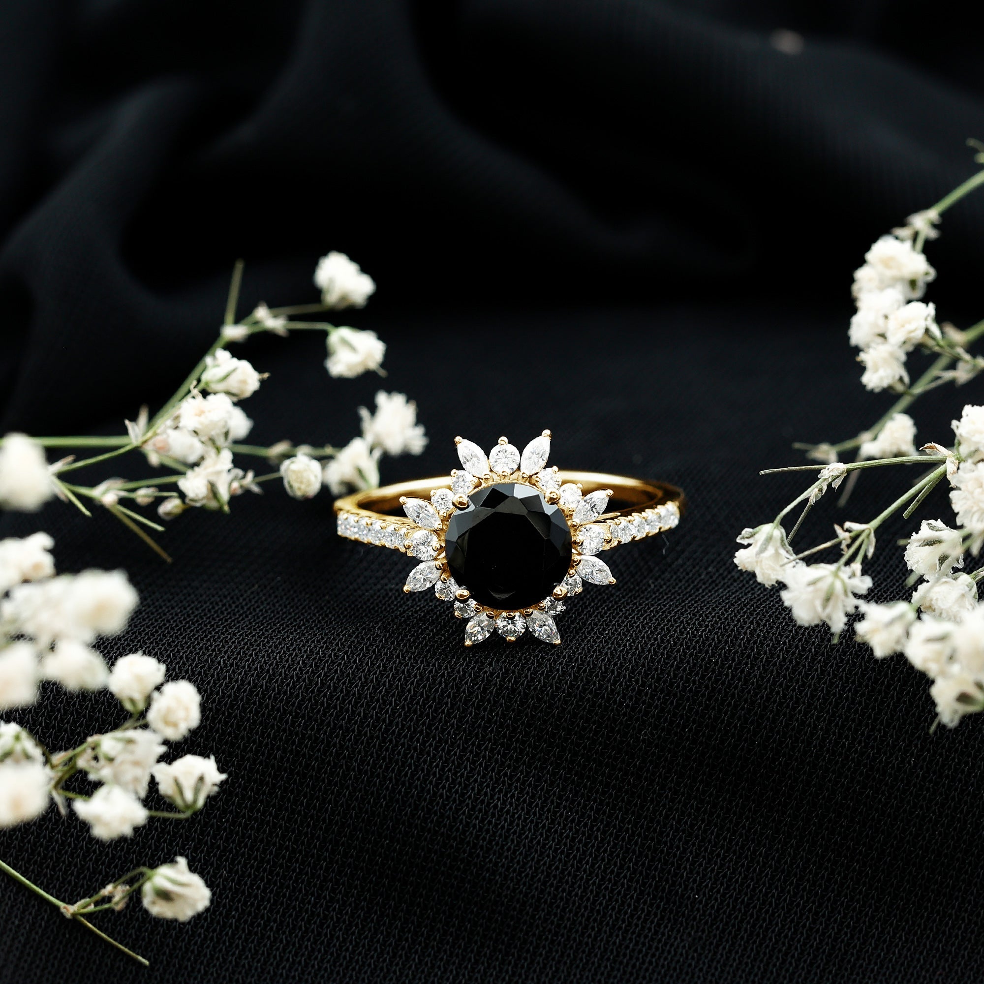 Certified Black Onyx and Moissanite Statement Engagement Ring