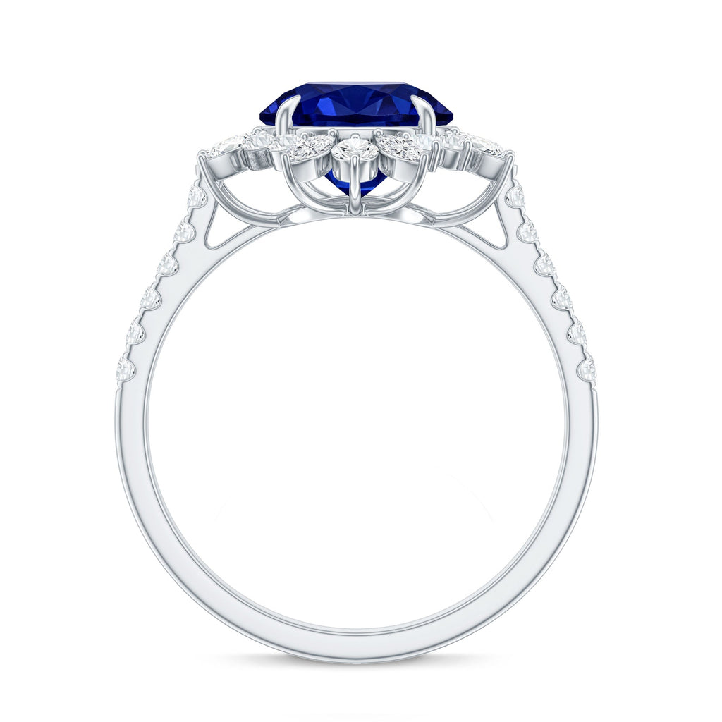 Certified 2.7 Carat Lab Grown Blue Sapphire Engagement Ring with Diamond Halo