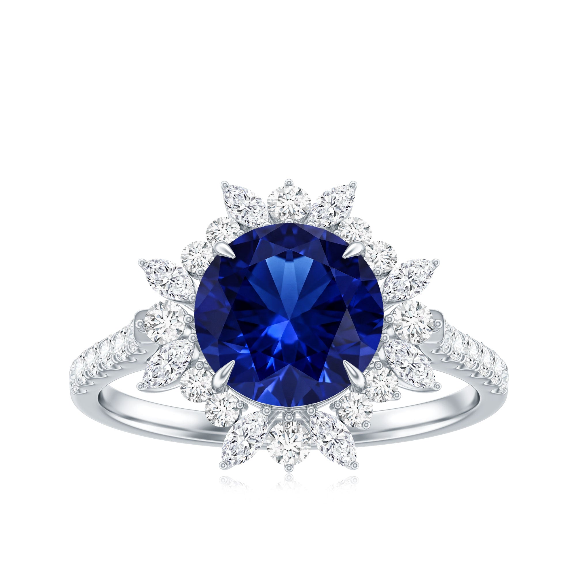 Certified 2.7 Carat Lab Grown Blue Sapphire Engagement Ring with Diamond Halo