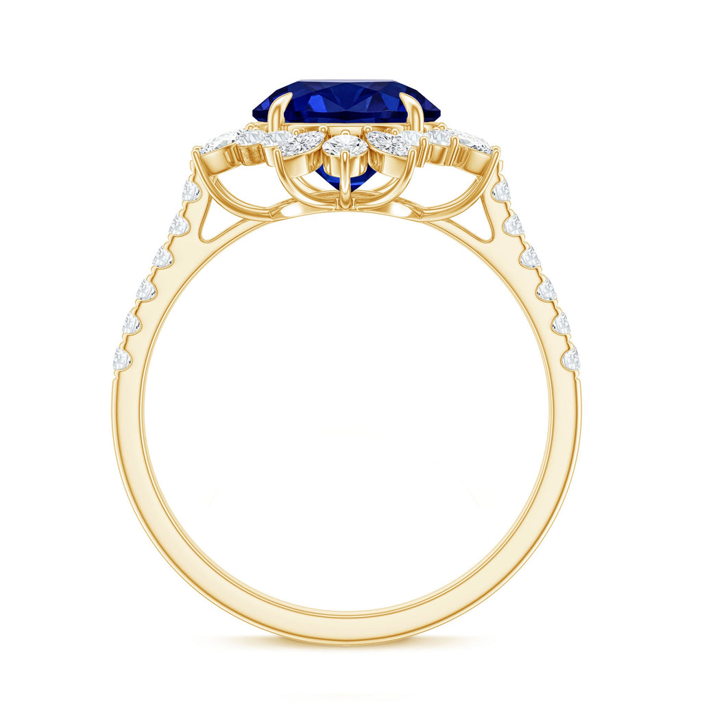 Certified 2.7 Carat Lab Grown Blue Sapphire Engagement Ring with Diamond Halo