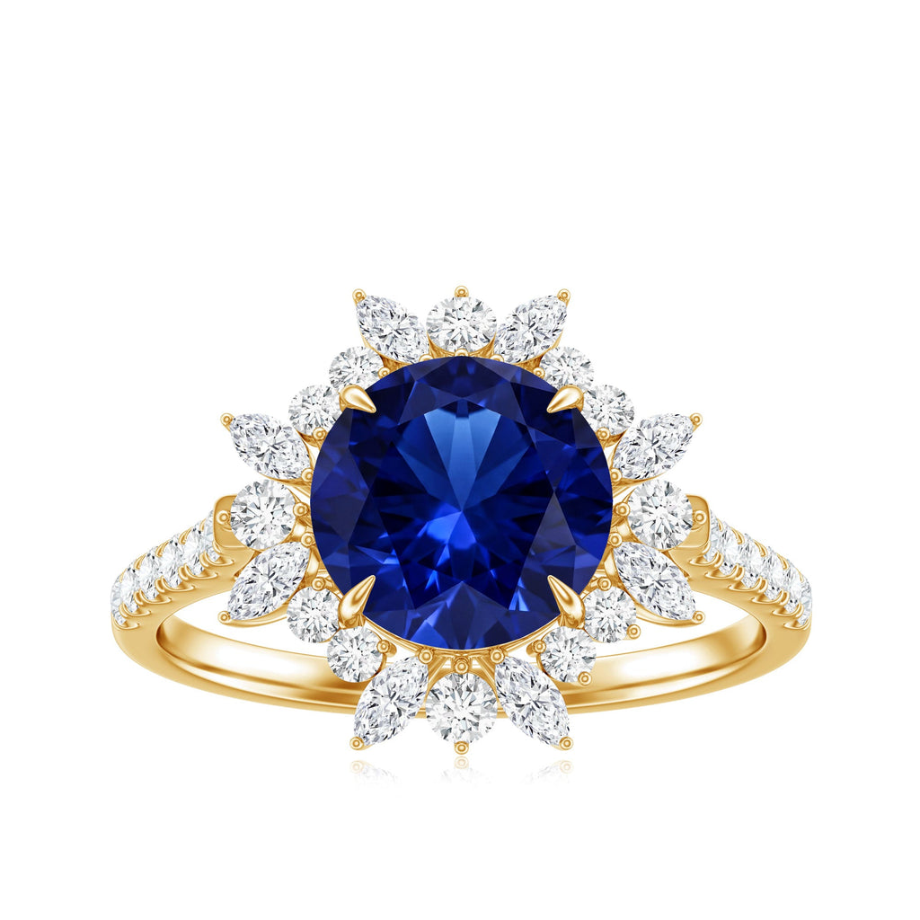 Certified 2.7 Carat Lab Grown Blue Sapphire Engagement Ring with Diamond Halo