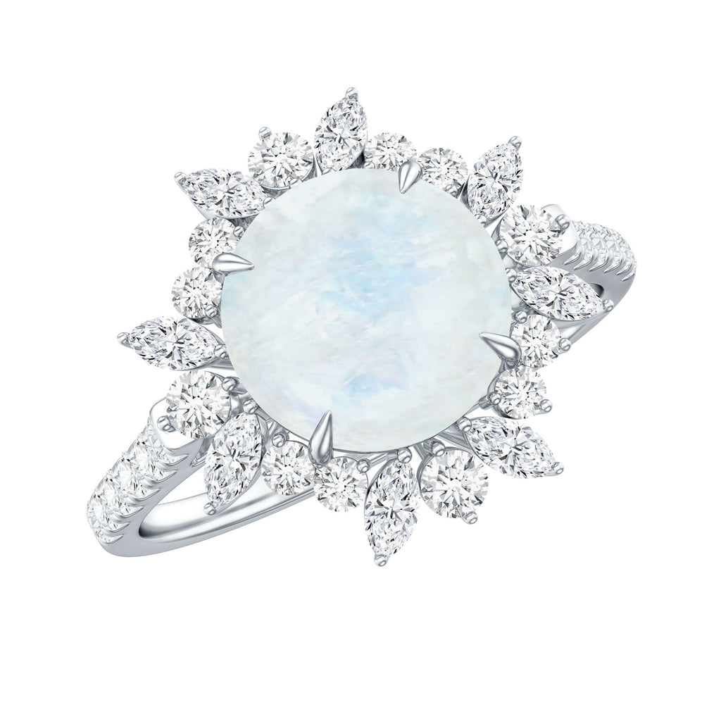 Round Moonstone Statement Ring with Moissanite Floral Halo