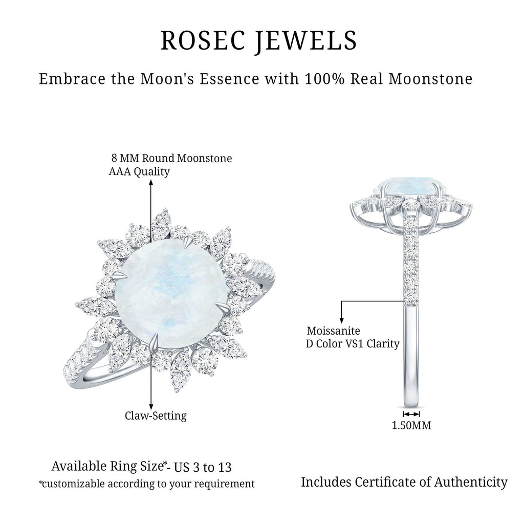Round Moonstone Statement Ring with Moissanite Floral Halo