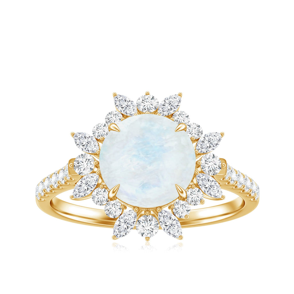 Round Moonstone Statement Ring with Moissanite Floral Halo