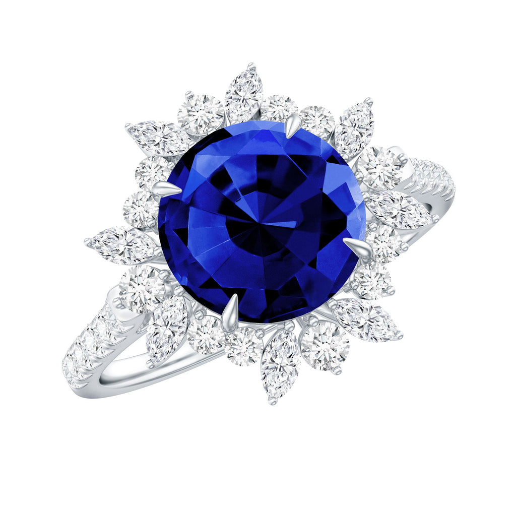 Lab Grown Blue Sapphire And Moissanite Floral Inspired Ring