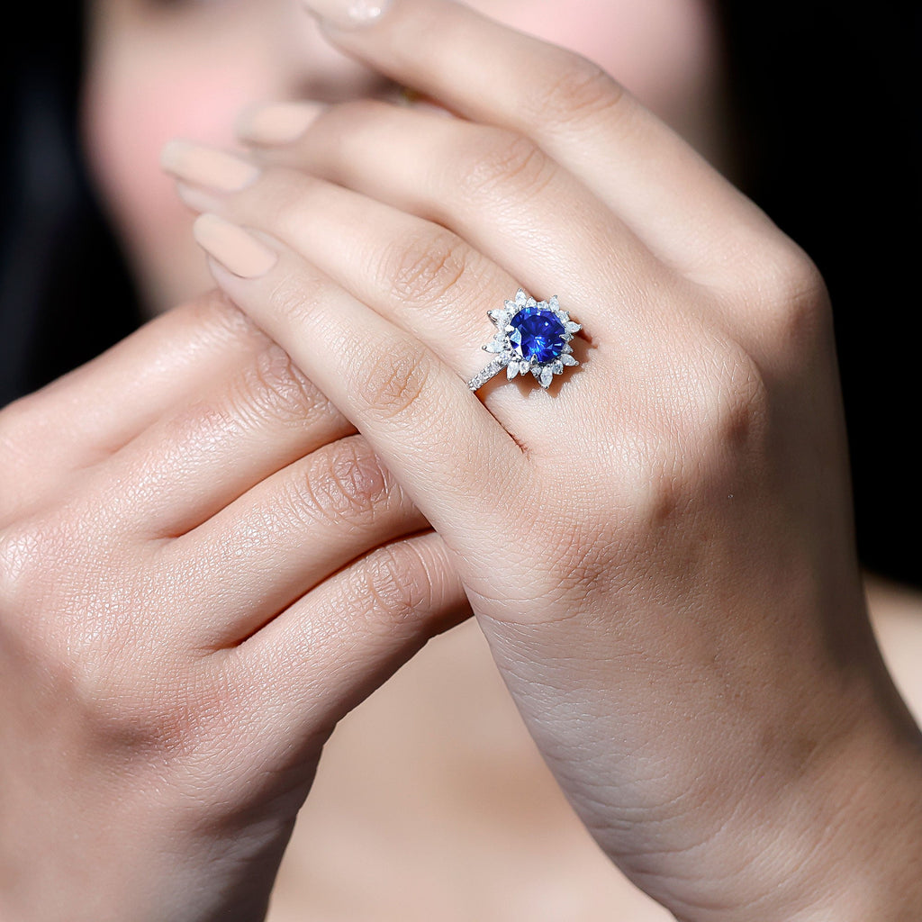 Lab Grown Blue Sapphire And Moissanite Floral Inspired Ring