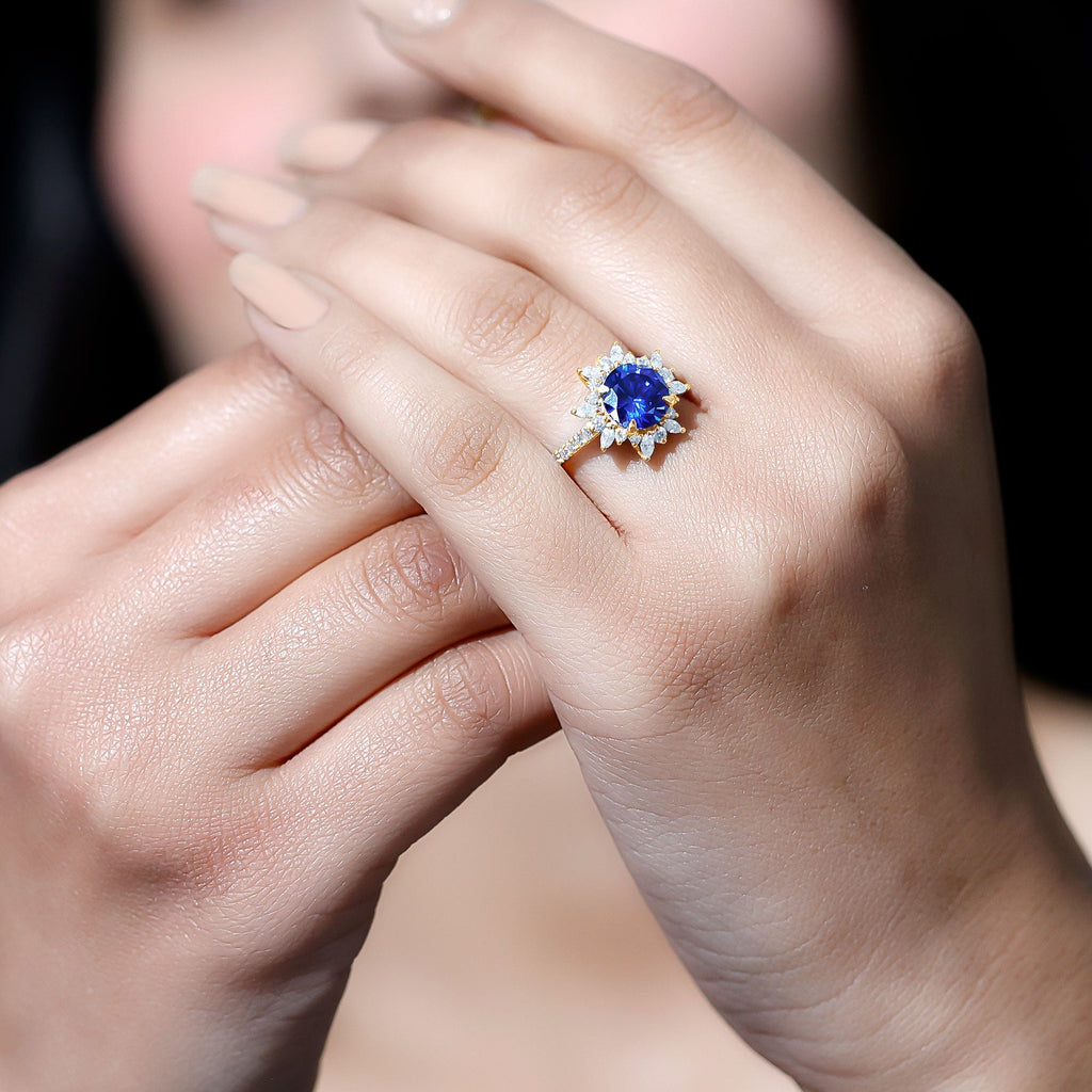 Lab Grown Blue Sapphire And Moissanite Floral Inspired Ring