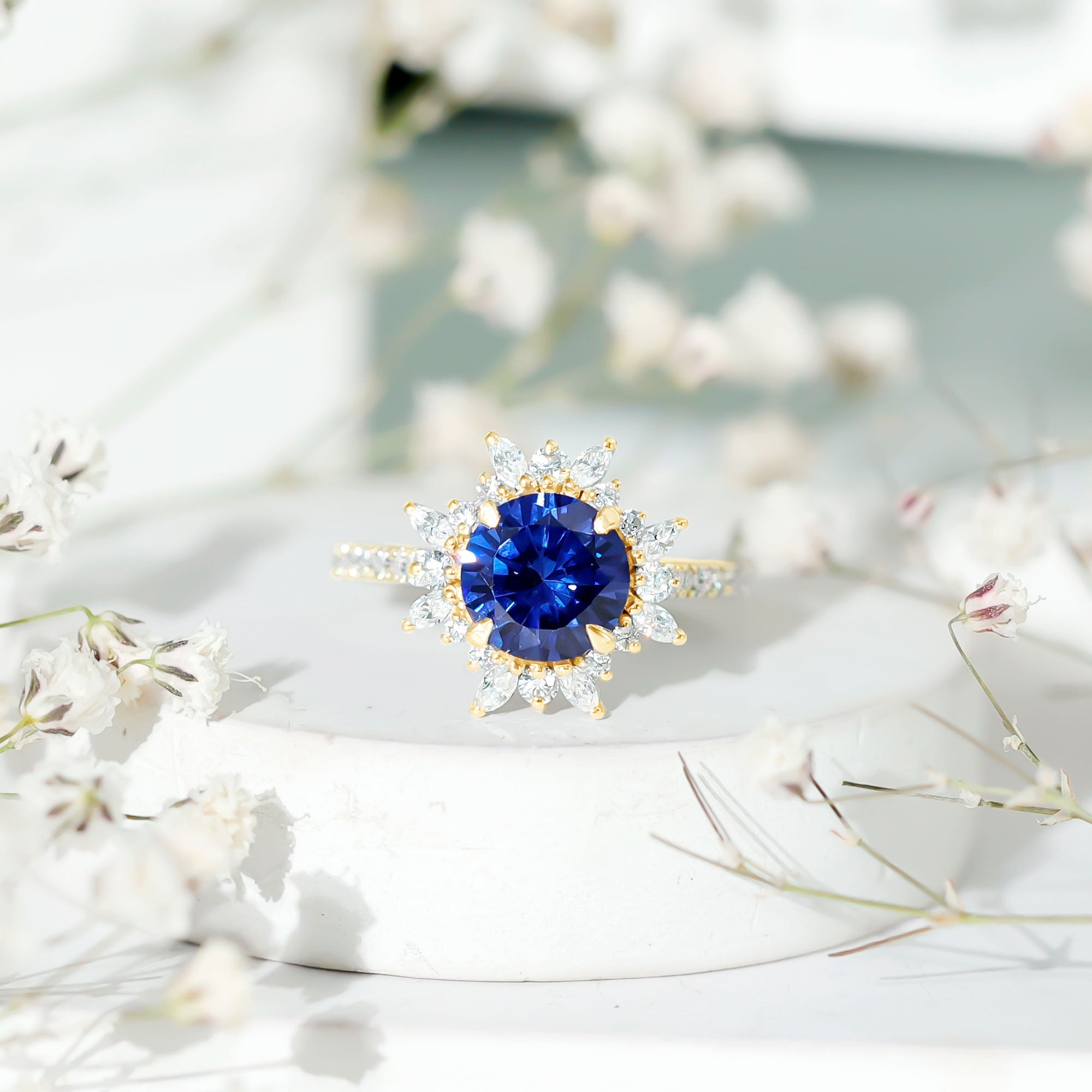 Lab Grown Blue Sapphire And Moissanite Floral Inspired Ring