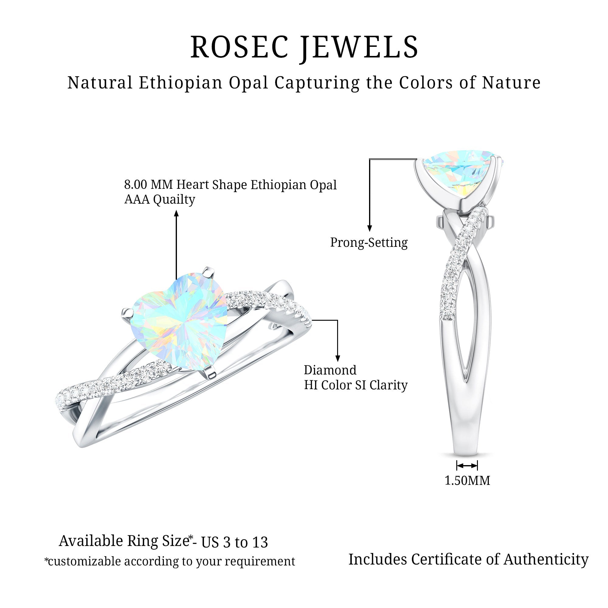 Natural 2 Carat Ethiopian Opal Heart Shaped Engagement Ring With Certificate