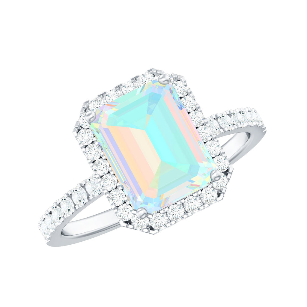 Genuine 2 Carat Ethiopian Opal Emerald Cut Engagement Ring with Diamond Halo