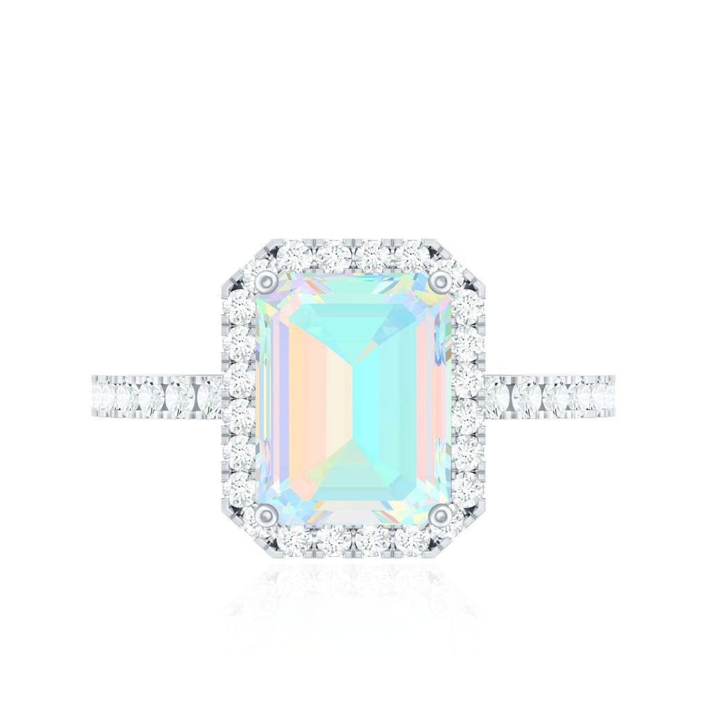 Genuine 2 Carat Ethiopian Opal Emerald Cut Engagement Ring with Diamond Halo