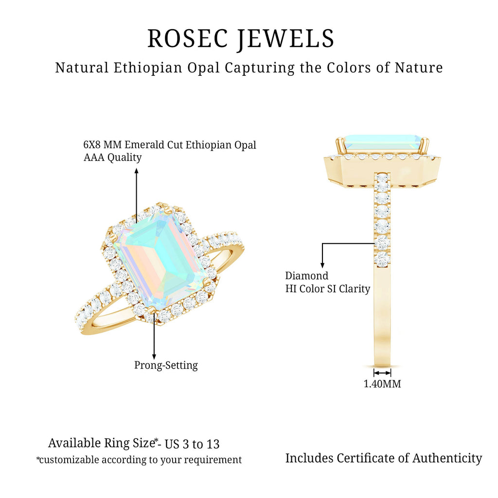Genuine 2 Carat Ethiopian Opal Emerald Cut Engagement Ring with Diamond Halo