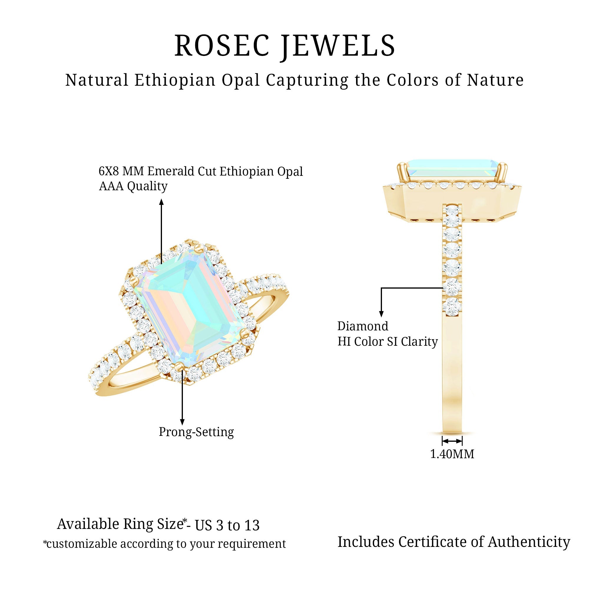 Genuine 2 Carat Ethiopian Opal Emerald Cut Engagement Ring with Diamond Halo