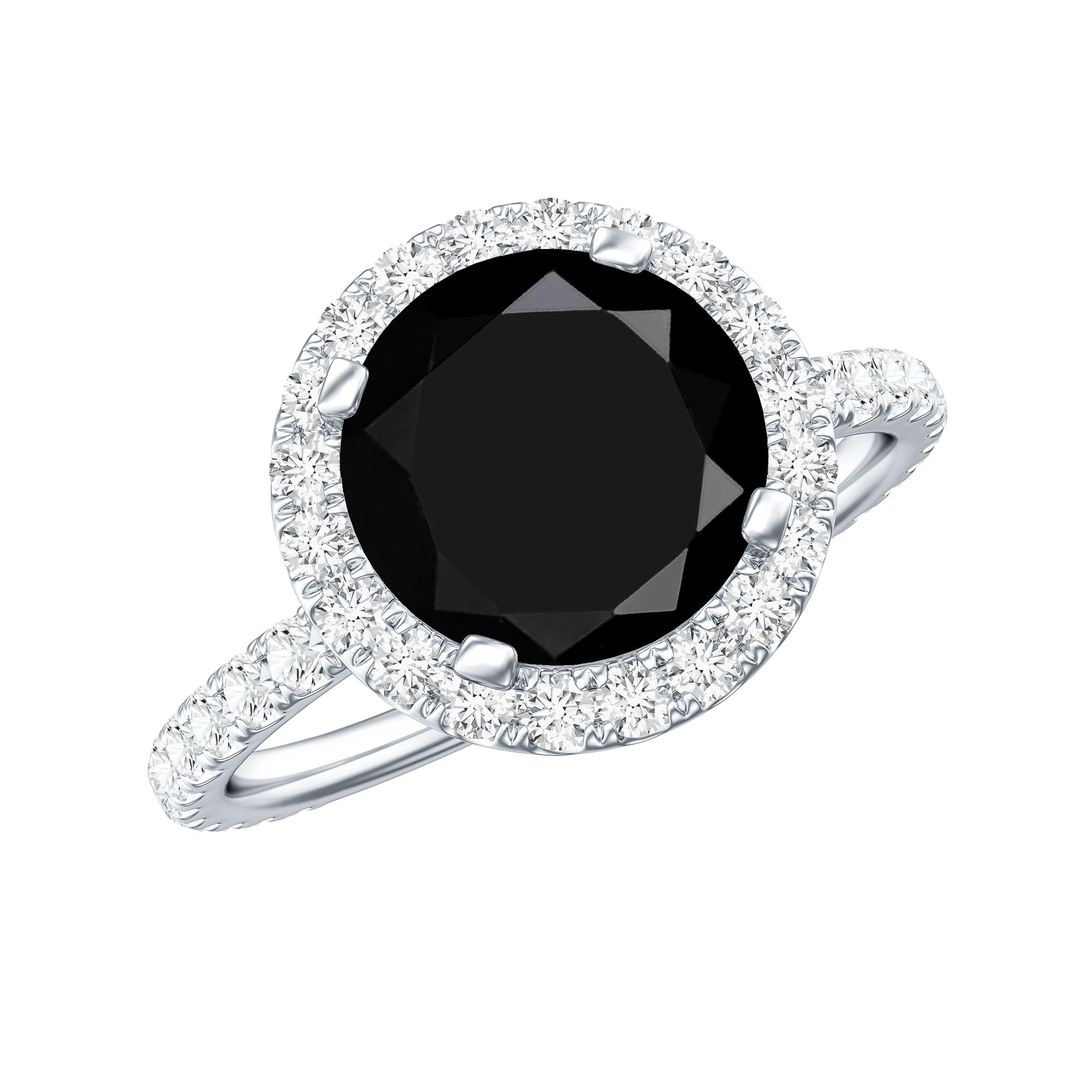 2 Carat Round Shape Black Onyx Engagement Ring with Diamond Halo