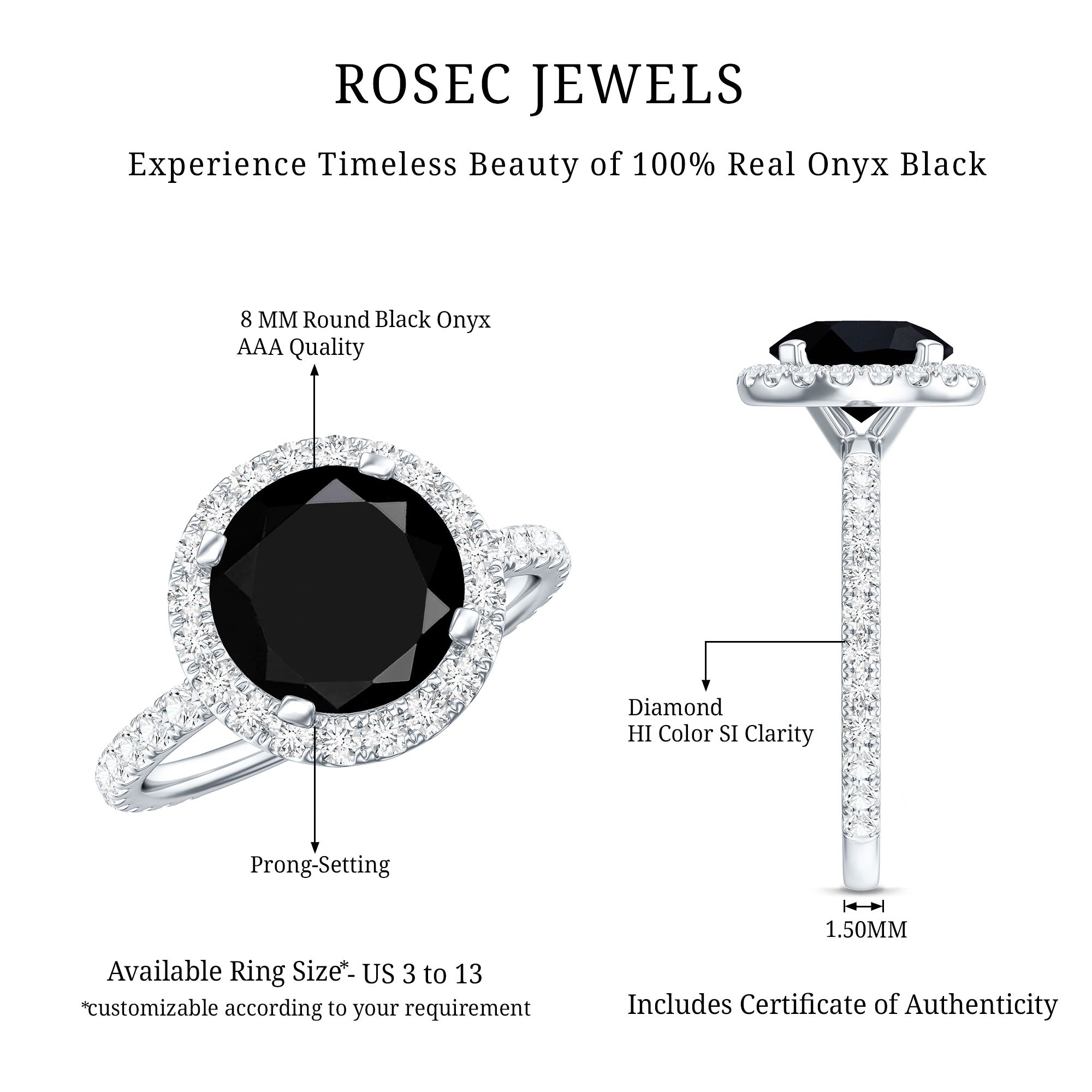 2 Carat Round Shape Black Onyx Engagement Ring with Diamond Halo