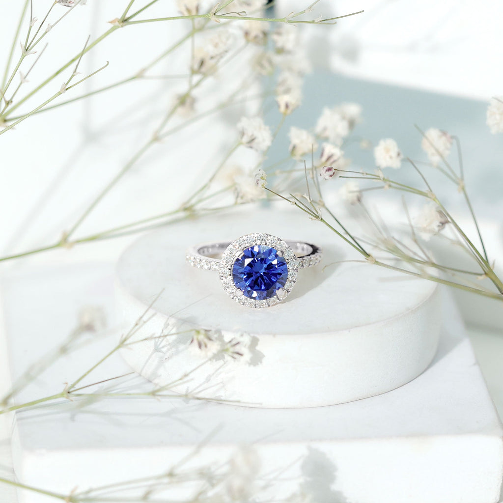 Certified 2.7 Carat Lab Grown Blue Sapphire Halo Engagement Ring with Moissanite